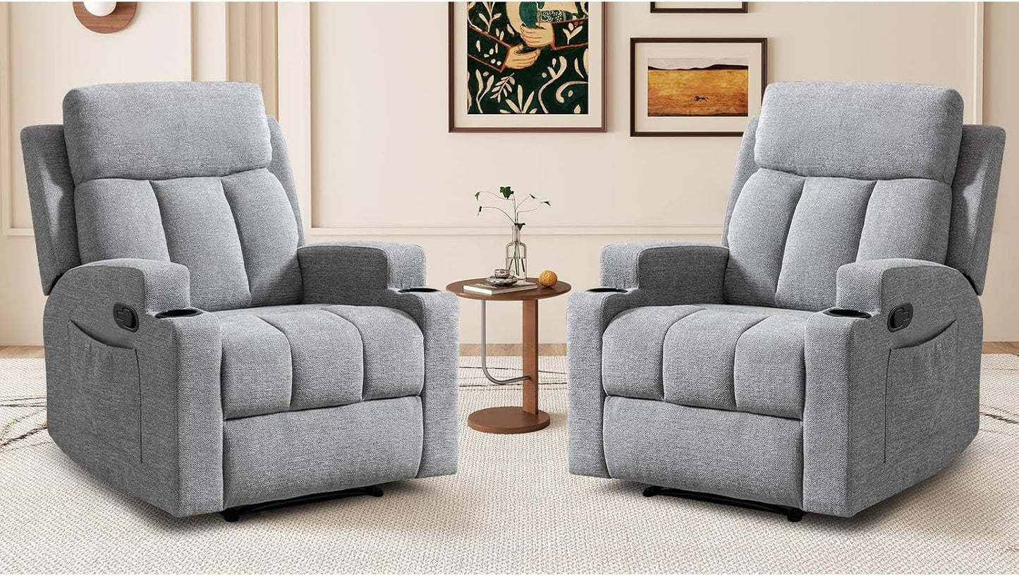 CANMOV Manual Recliner Chair with Massage and Heat,Soft Fabric Recliner Chair with Overstuffed Arm and Back, Manual Reclining Single Sofa with 2 Cup Holders, Side Pocket for Living Room,Dark Grey
