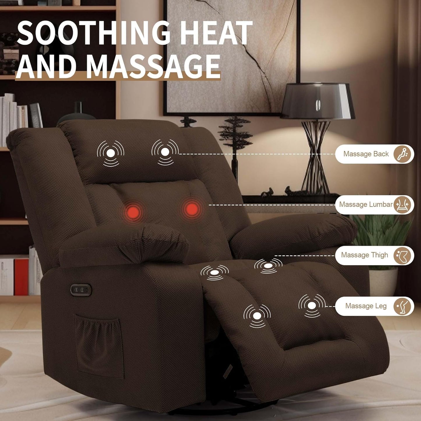 Oversized Power Recliner Chair, Swivel Rocking Chair for Adults, Electric Glider Reclining with Massage and Heating, Waffle Fabric Rocker Recliner with Side Pockets for Living Room, Bedroom