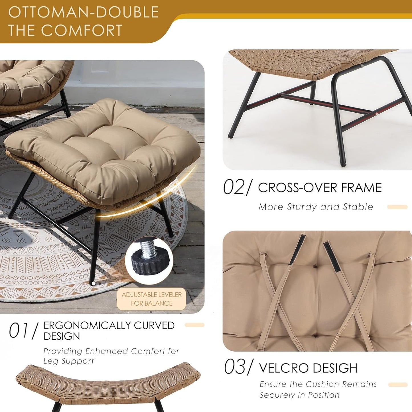 NICESOUL Indoor Outdoor Ottoman Set of 2, Large Wide Double Patio Footstool, PE Rattan Thicken Cushioned Footrest, All-Weather Wicker Furniture for Balcony, Porch, Living Room, Egg Chair, Brown