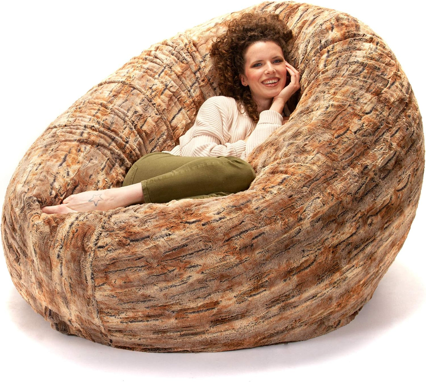 Jaxx 6 Foot Cocoon - 2-in-1 Convertible Bean Bag Bed & Large Bean Bag Chair for Adults, Premium Luxe Faux Fur - Mountain Fox