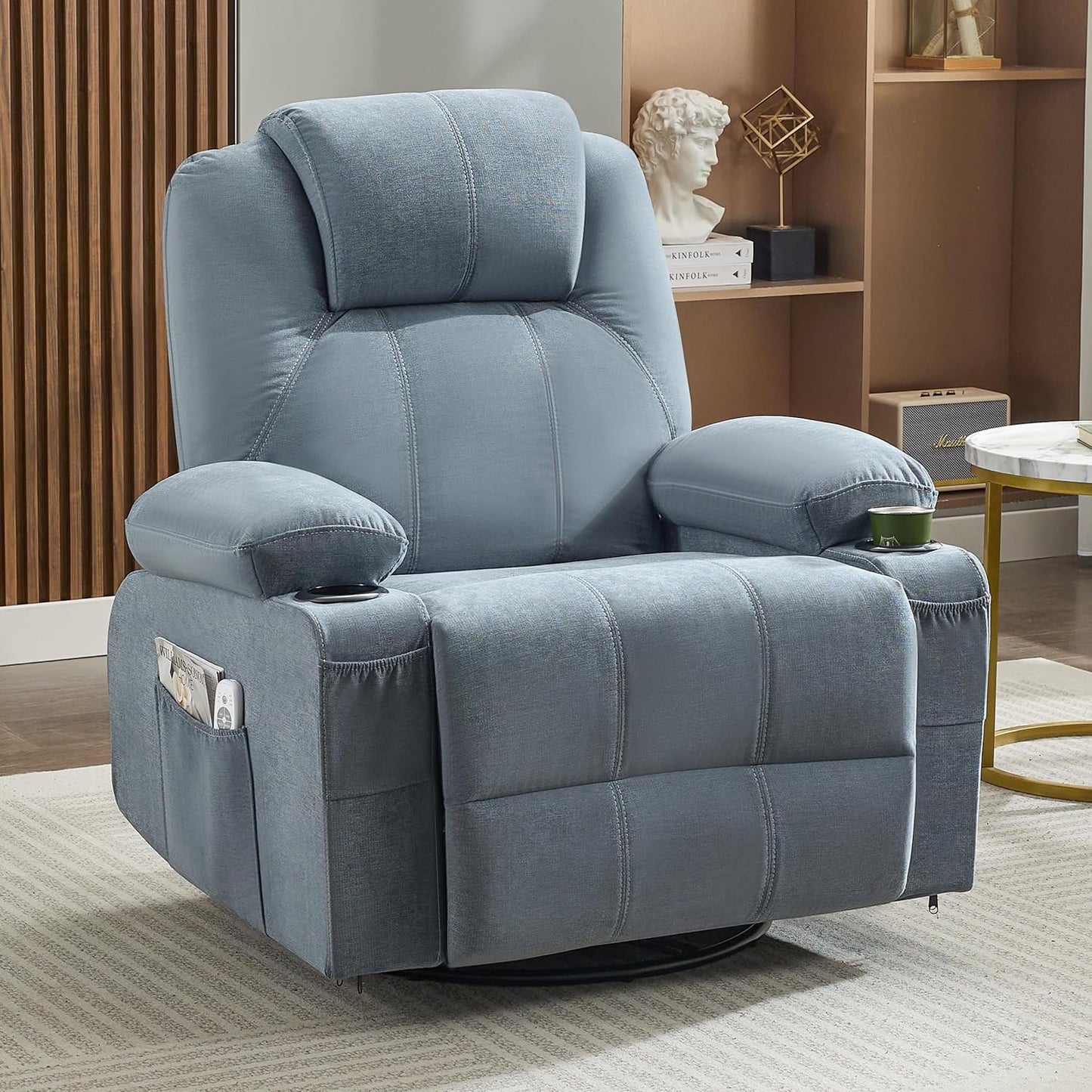Swivel Rocker Recliner Chair with Heat and Massage, 360 Degree Swivel Recliner Chair with Cup Holders and USB Port, Big Oversized Rocking Single Sofa for Living Room (Fabric, Grey)