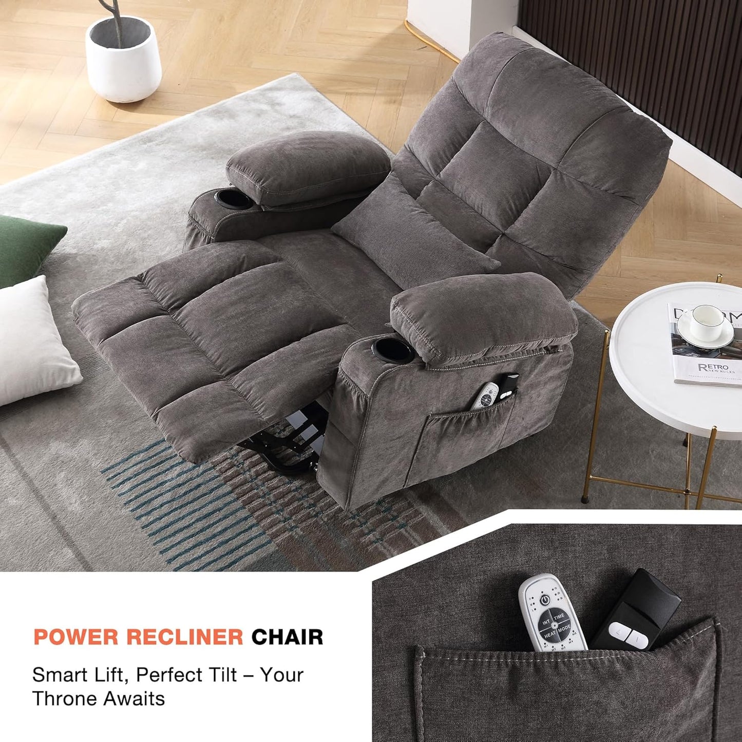 Power Lift Recliner Chair for Elderly with Vibration Massage and Lumbar Heating, Electric Lift Recliner Single Sofa with Side Pocket, Two Cup Holders and USB Charge Port for Living Room