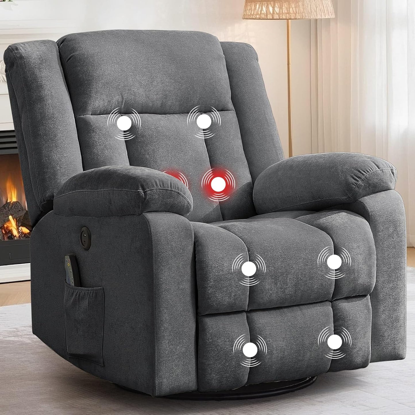 Rocker Recliner, Glider Recliner Chairs for Adults, 360° Swivel Rocking Chair with Massage and Heating, Nursery Chair with Storage and USB Charging for Living Room, Bedroom, Nursery