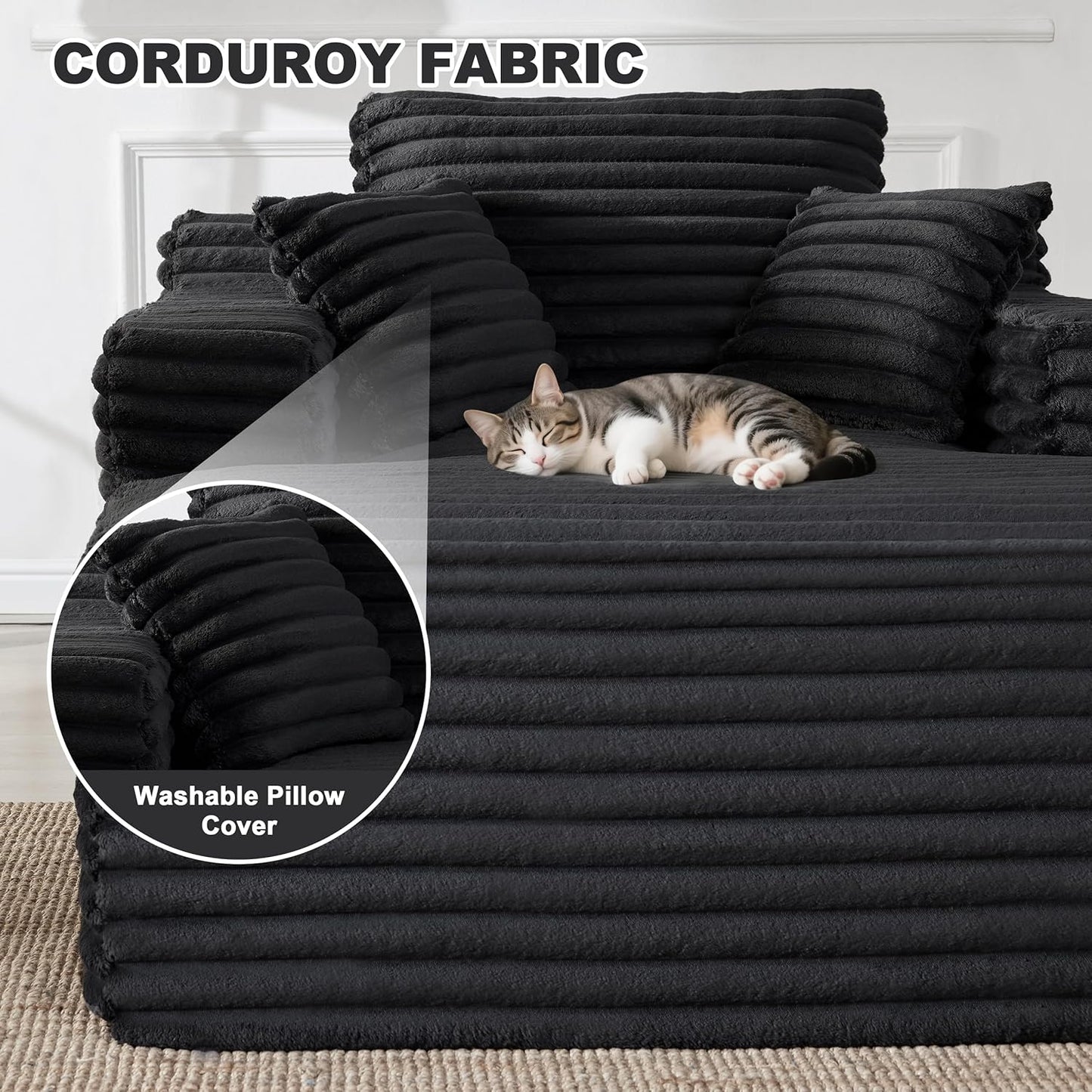 Oversized Chaise Lounge Sofa Chair Indoor, Comfy Fluffy Deap Seat Cloud Reading Chair with Throw Pillow, Upholstered Plush Corduroy Boneless Chairs for Living Room, Black