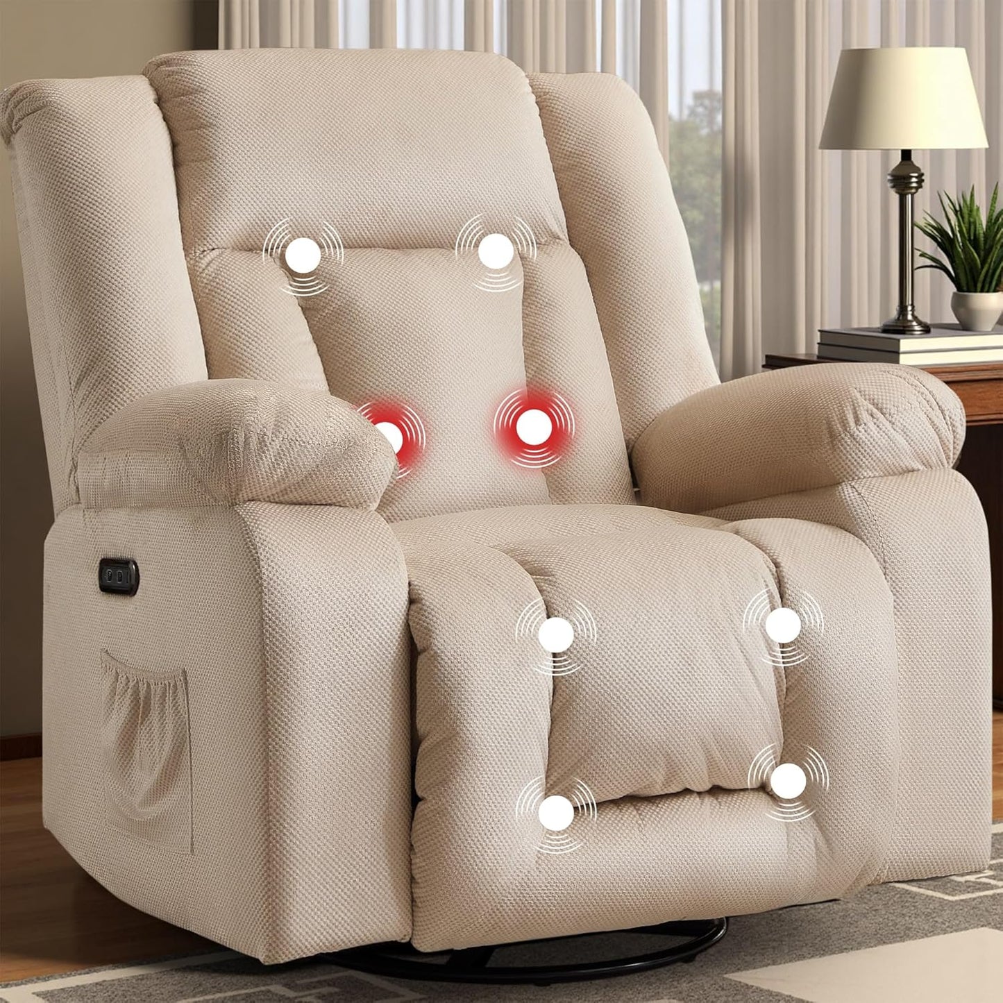 Oversized Power Recliner Chair, Swivel Rocking Chair for Adults, Electric Glider Reclining with Massage and Heating, Waffle Fabric Rocker Recliner with Side Pockets for Living Room, Bedroom