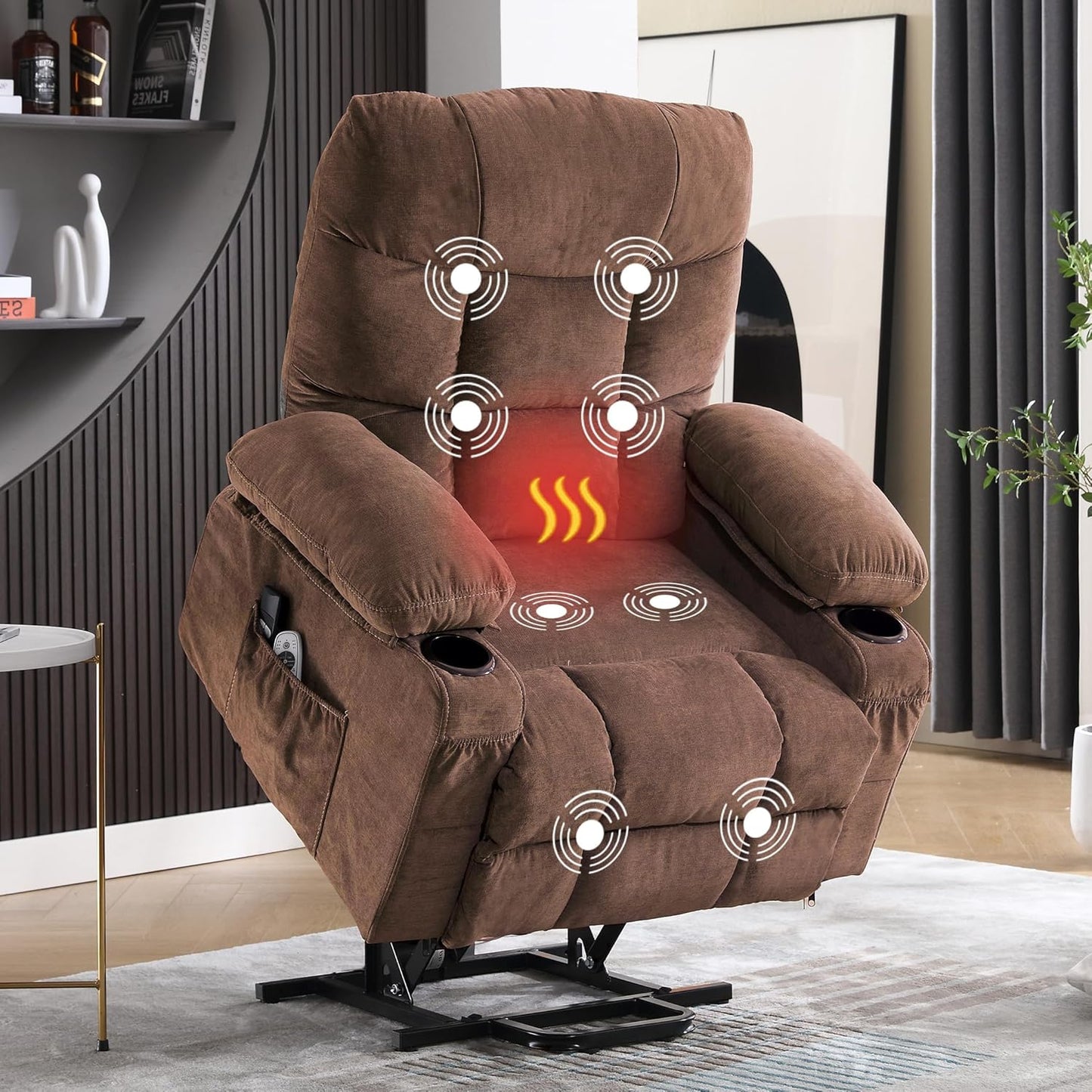 Power Lift Recliner Chair for Elderly with Vibration Massage and Lumbar Heating, Electric Lift Recliner Single Sofa with Side Pocket, Two Cup Holders and USB Charge Port for Living Room