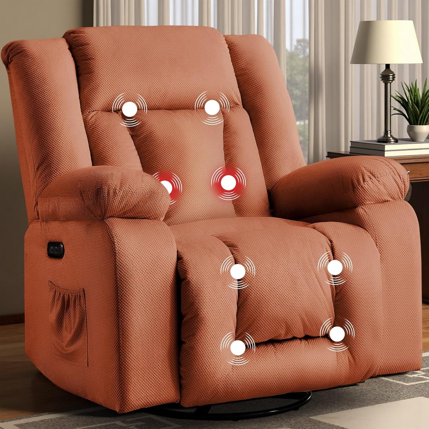 Oversized Power Recliner Chair, Swivel Rocking Chair for Adults, Electric Glider Reclining with Massage and Heating, Waffle Fabric Rocker Recliner with Side Pockets for Living Room, Bedroom