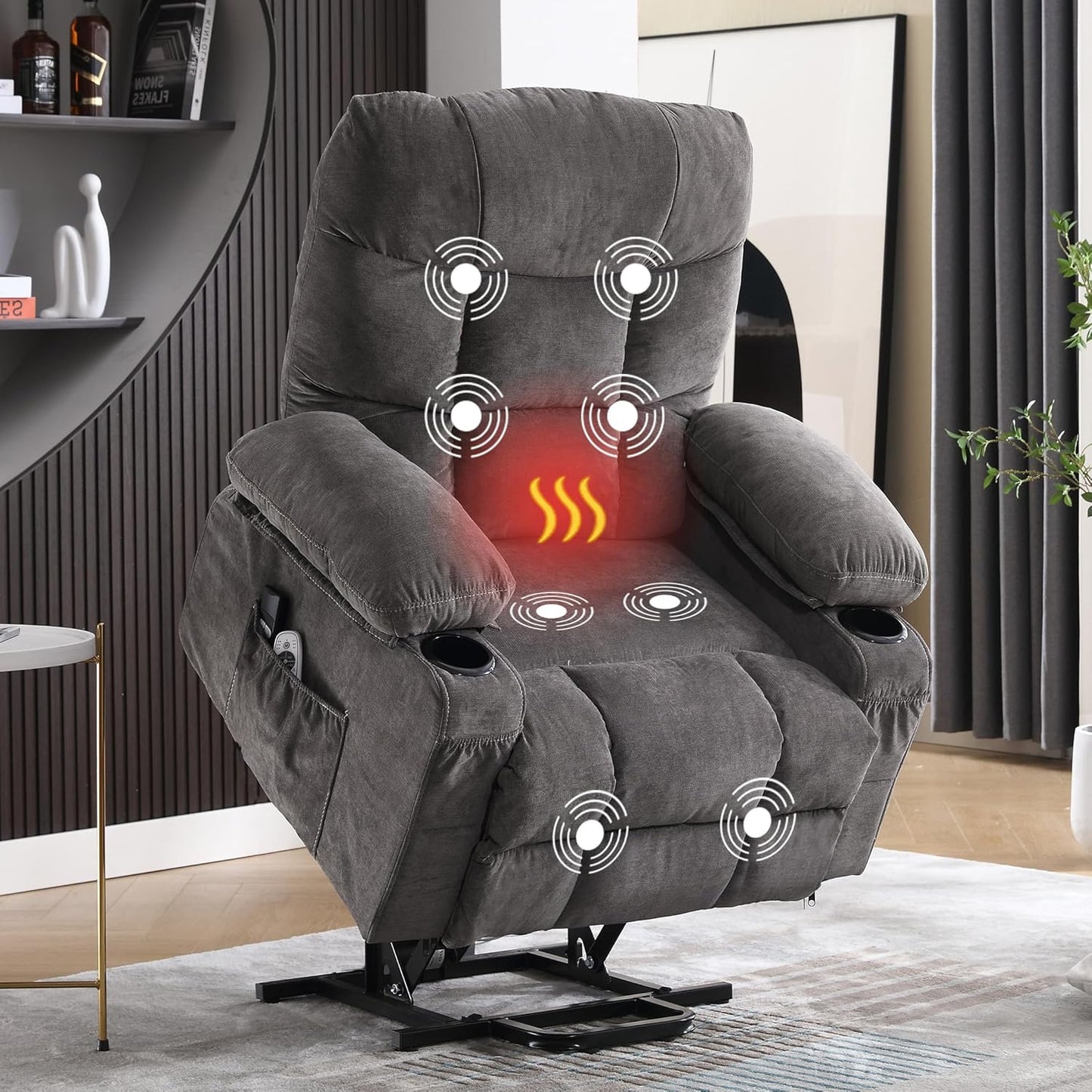 Power Lift Recliner Chair for Elderly with Vibration Massage and Lumbar Heating, Electric Lift Recliner Single Sofa with Side Pocket, Two Cup Holders and USB Charge Port for Living Room