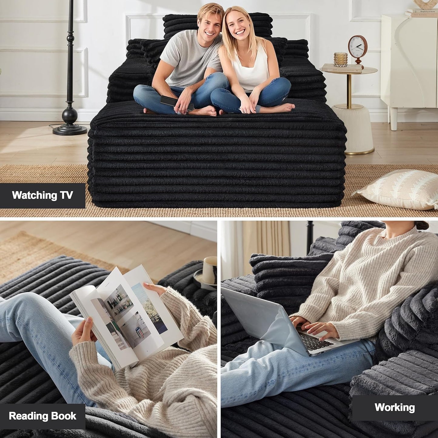 Oversized Chaise Lounge Sofa Chair Indoor, Comfy Fluffy Deap Seat Cloud Reading Chair with Throw Pillow, Upholstered Plush Corduroy Boneless Chairs for Living Room, Black