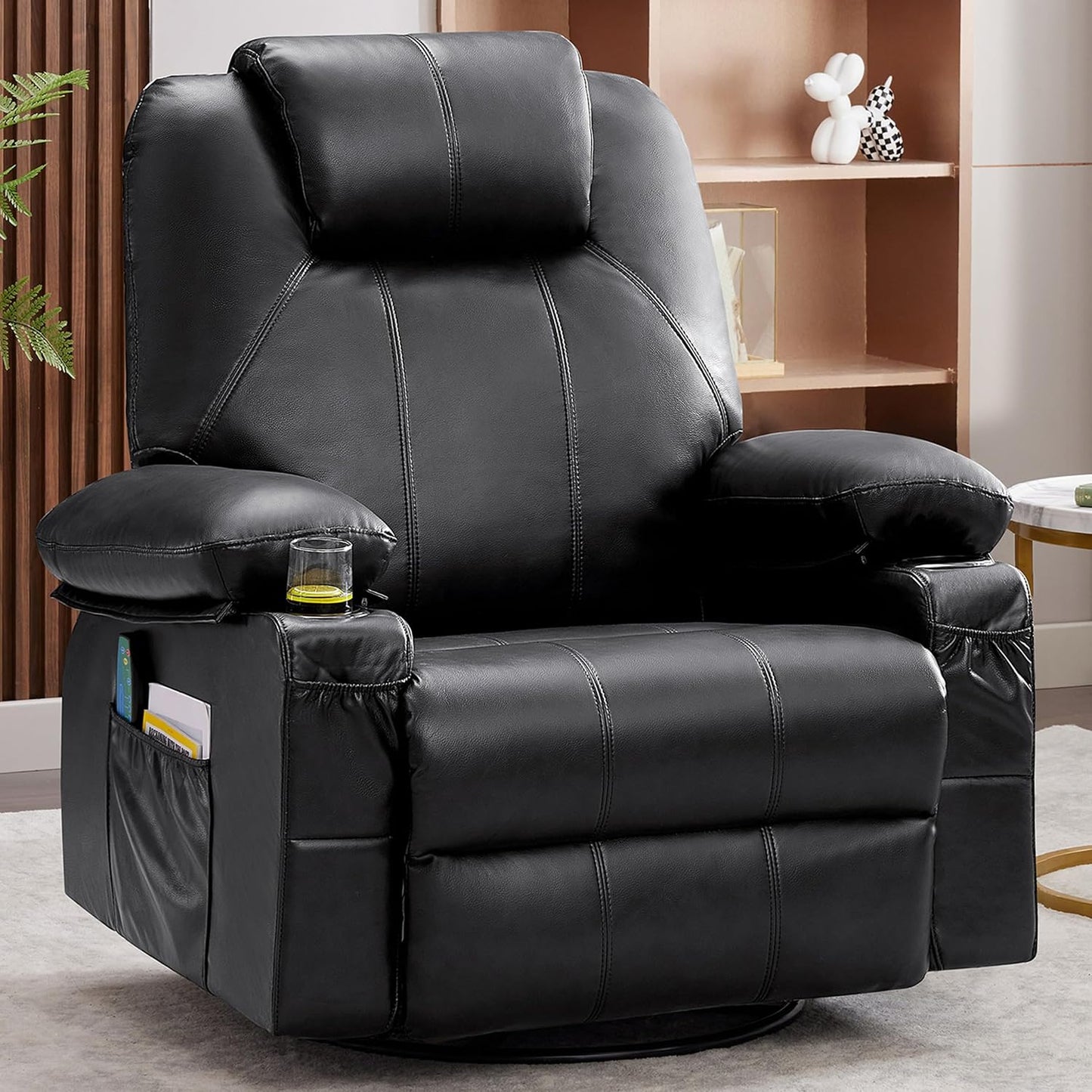 Swivel Rocker Recliner Chair with Heat and Massage, 360 Degree Swivel Recliner Chair with Cup Holders and USB Port, Big Oversized Rocking Single Sofa for Living Room (Fabric, Grey)