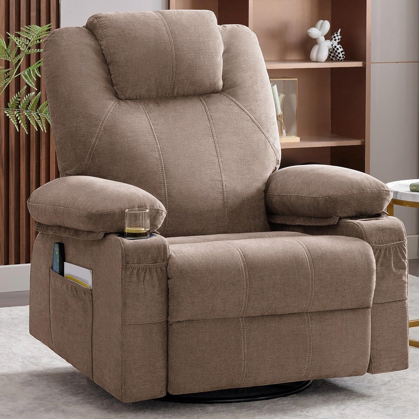 Swivel Rocker Recliner Chair with Heat and Massage, 360 Degree Swivel Recliner Chair with Cup Holders and USB Port, Big Oversized Rocking Single Sofa for Living Room (Fabric, Grey)