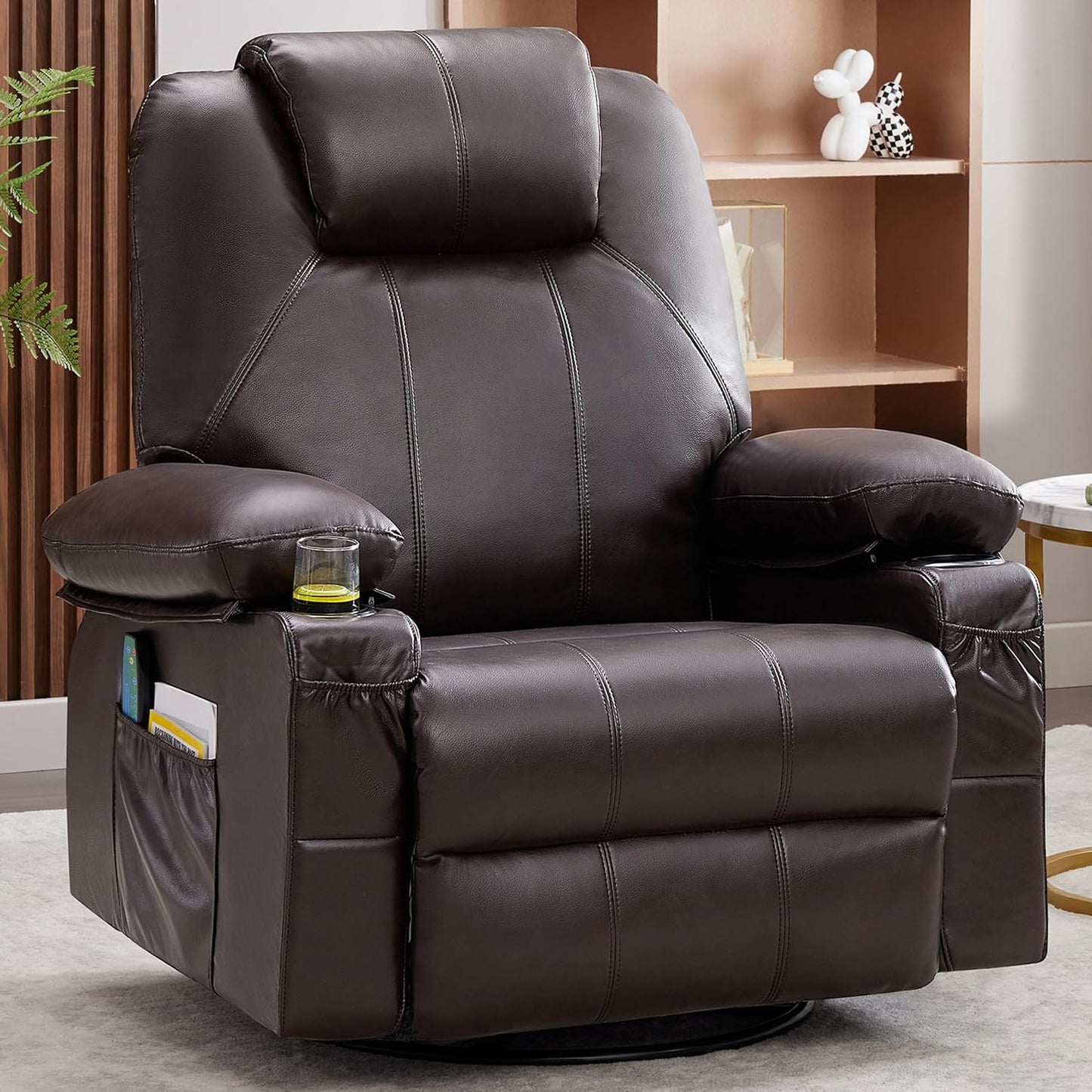 Swivel Rocker Recliner Chair with Heat and Massage, 360 Degree Swivel Recliner Chair with Cup Holders and USB Port, Big Oversized Rocking Single Sofa for Living Room (Fabric, Grey)