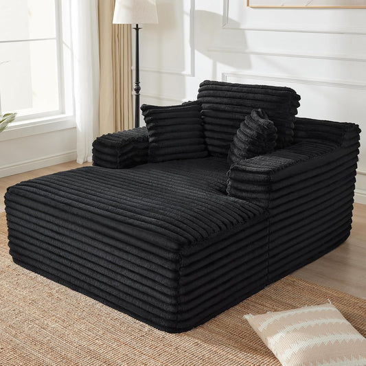 Oversized Chaise Lounge Sofa Chair Indoor, Comfy Fluffy Deap Seat Cloud Reading Chair with Throw Pillow, Upholstered Plush Corduroy Boneless Chairs for Living Room, Black