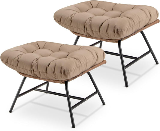 NICESOUL Indoor Outdoor Ottoman Set of 2, Large Wide Double Patio Footstool, PE Rattan Thicken Cushioned Footrest, All-Weather Wicker Furniture for Balcony, Porch, Living Room, Egg Chair, Brown