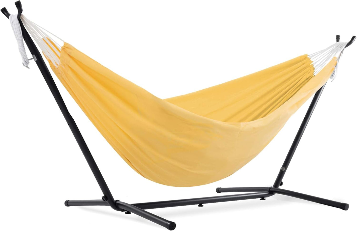 Vivere Double Cotton Hammock with Space Saving Steel Stand, Upgraded Polyester End Strings 450 lb Capacity - Premium Carry Bag Included - (Tropical)