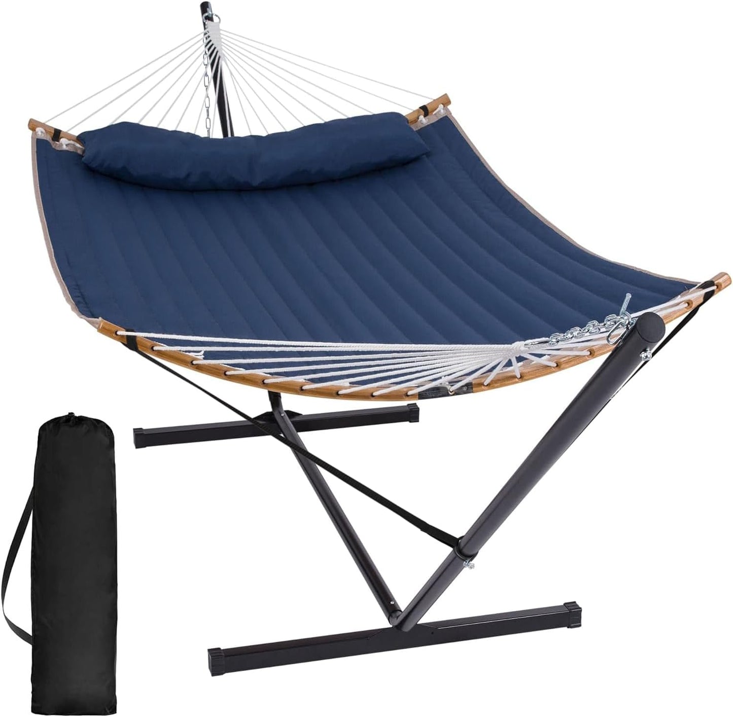 SUNCREAT Double Portable Hammock with Stand, 2 Person Hammock with Curved Spreader Bar, Balance Ropes Included, Dark Gray