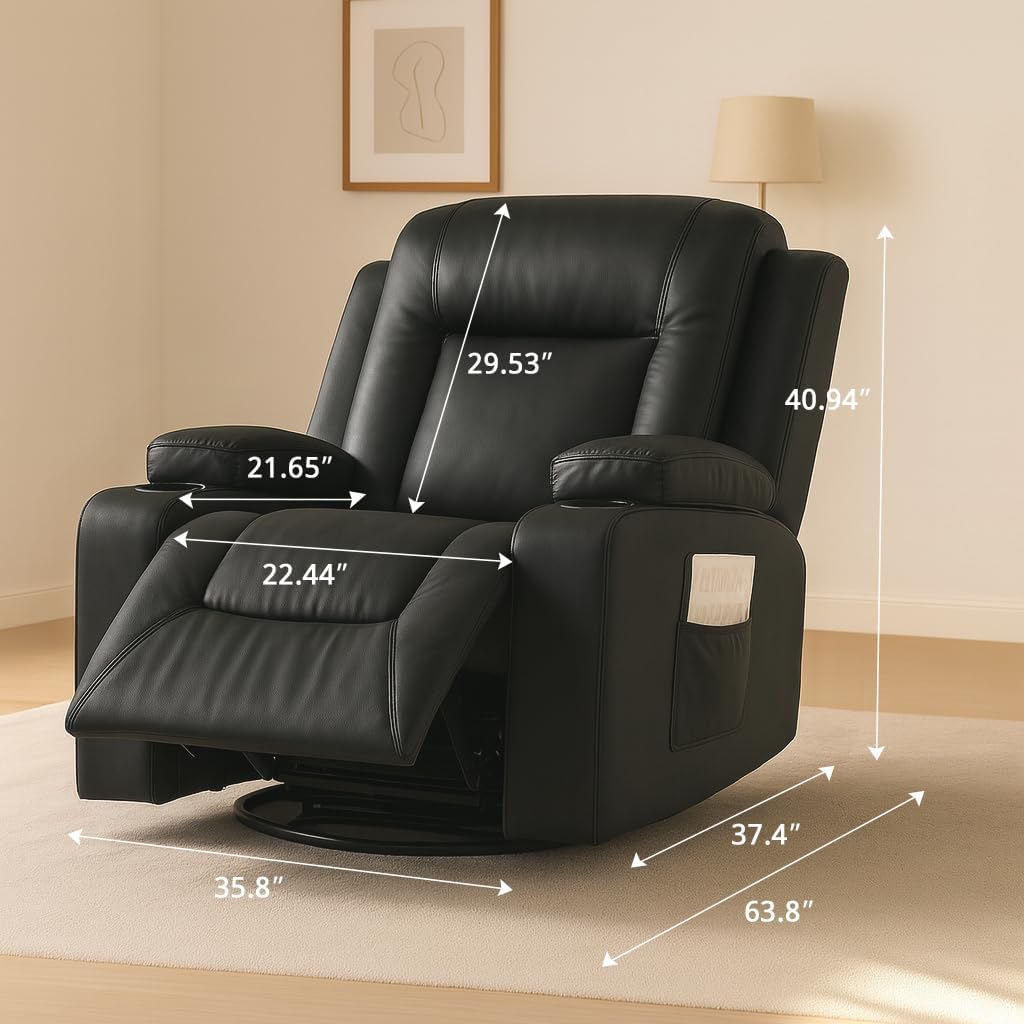 COMHOMA Recliner Chair,PU Rocking Chair for Adults,Swivel Recliner with Cup Holders,Heat and Massage,Single Sofa Seat with Side Pockets for Living Room,Bedroom(Black)