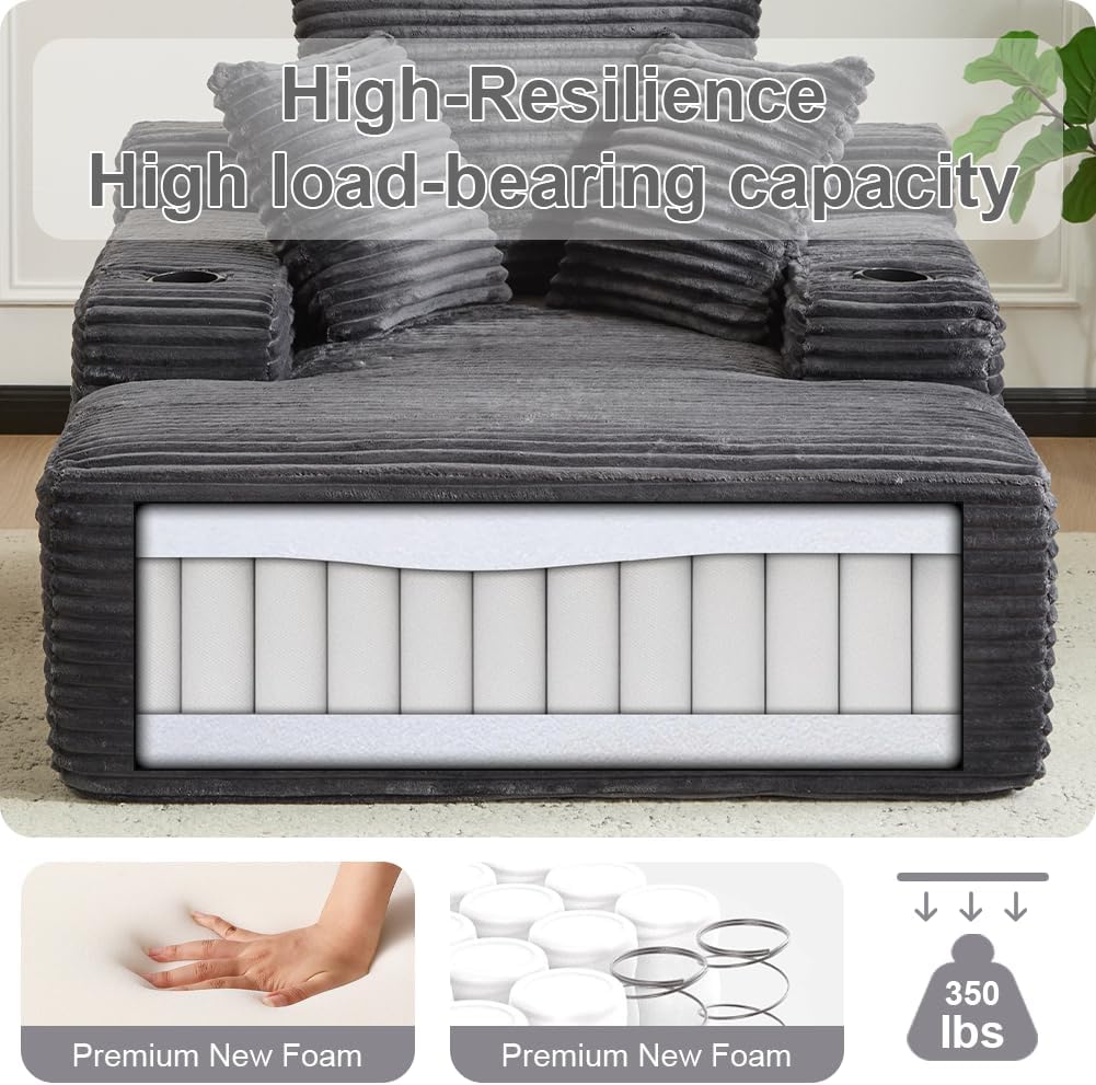 66" Oversized Chaise Lounge Sofa Chair Indoor, Modern Corduroy Single Sleeper Couch Chair with 3 Soft Pillows＆Cup Holder, Boneless Cloud Couch Single Seat Sofa Bed for Living Room Office (Dark Grey)