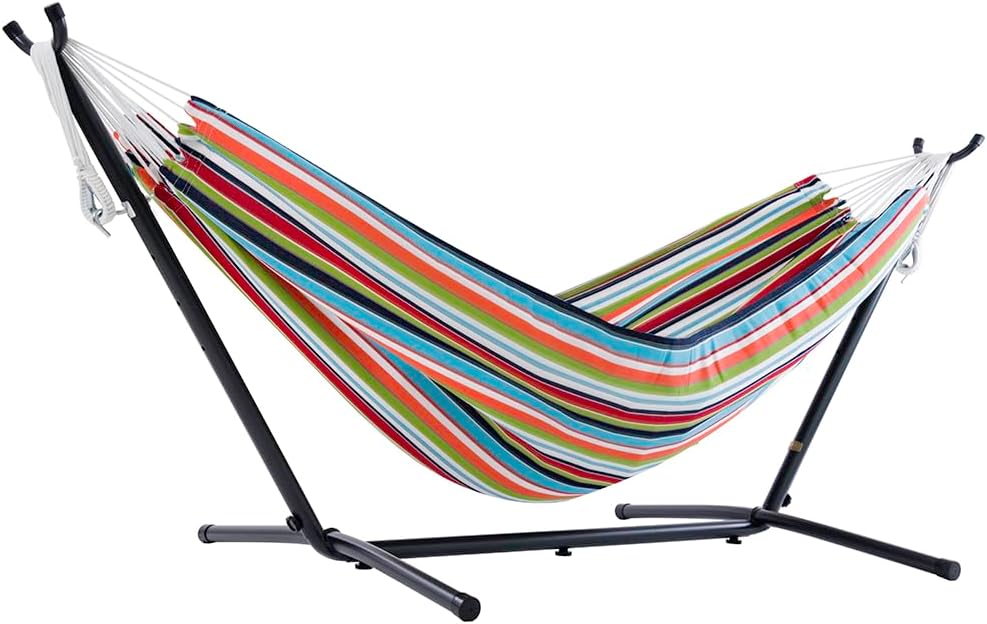 Vivere Double Cotton Hammock with Space Saving Steel Stand, Upgraded Polyester End Strings 450 lb Capacity - Premium Carry Bag Included - (Tropical)