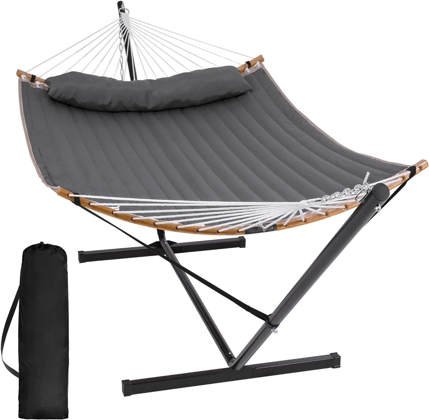 SUNCREAT Double Portable Hammock with Stand, 2 Person Hammock with Curved Spreader Bar, Balance Ropes Included, Dark Gray