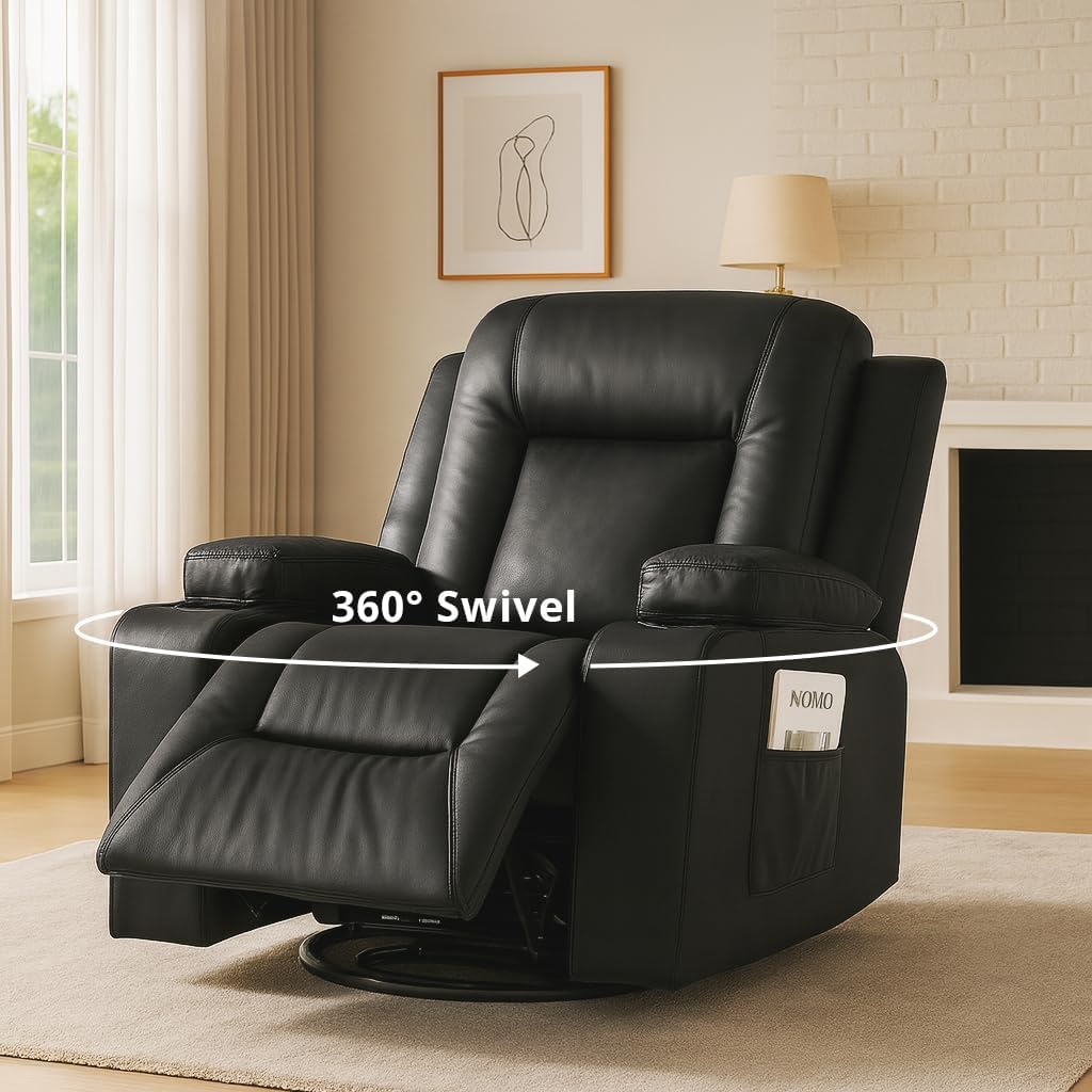 COMHOMA Recliner Chair,PU Rocking Chair for Adults,Swivel Recliner with Cup Holders,Heat and Massage,Single Sofa Seat with Side Pockets for Living Room,Bedroom(Black)