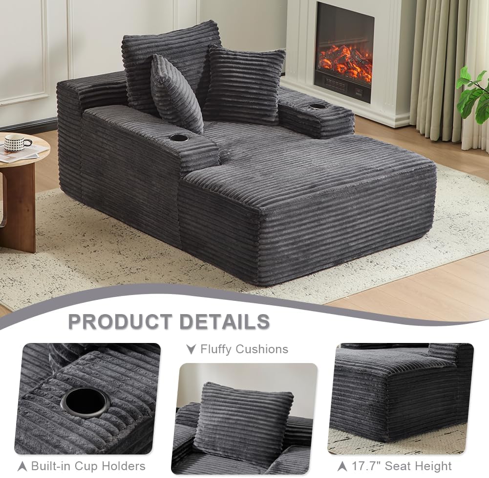 66" Oversized Chaise Lounge Sofa Chair Indoor, Modern Corduroy Single Sleeper Couch Chair with 3 Soft Pillows＆Cup Holder, Boneless Cloud Couch Single Seat Sofa Bed for Living Room Office (Dark Grey)