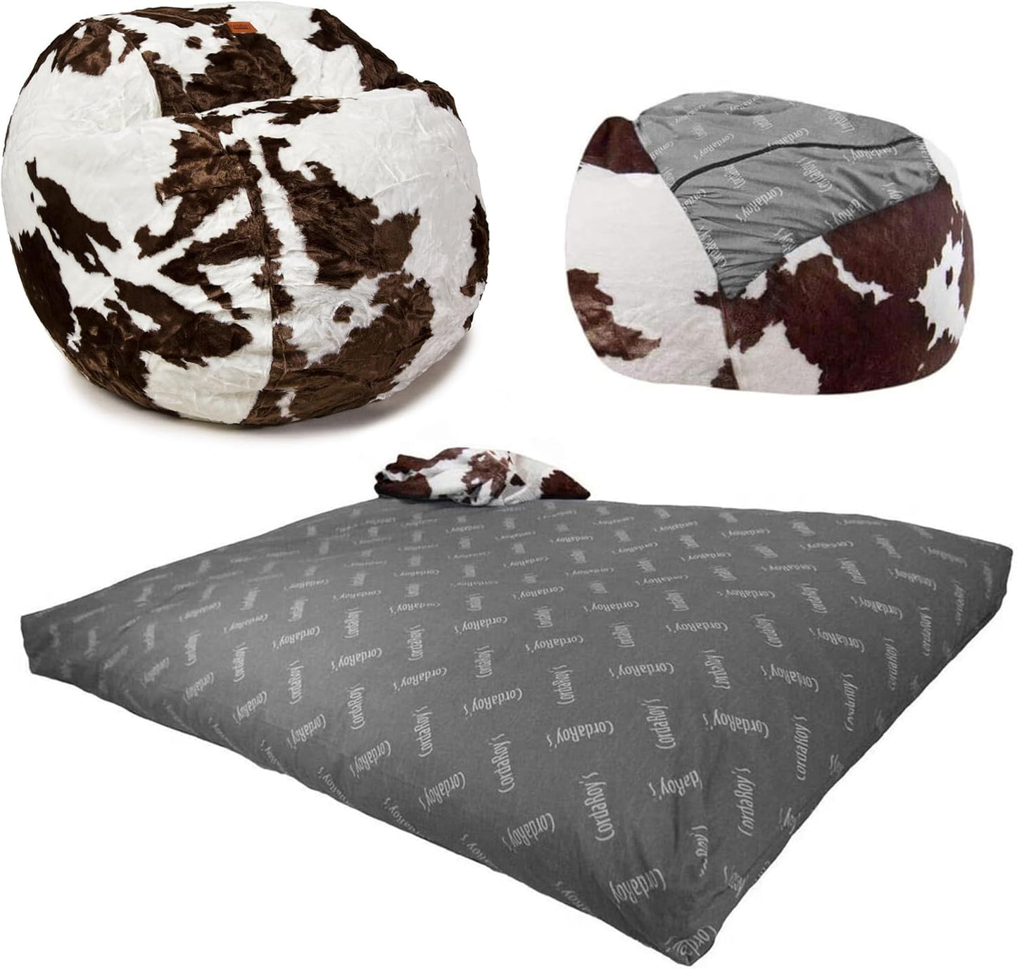 CordaRoy's Faux Fur Bean Bag-Convertible Bean Bag Chair -Machine-Washable Faux Fur Fabric Cover for Basement, Living Room, Game Room, Dorm & More - Full Size - Cow Pattern | Made in The USA