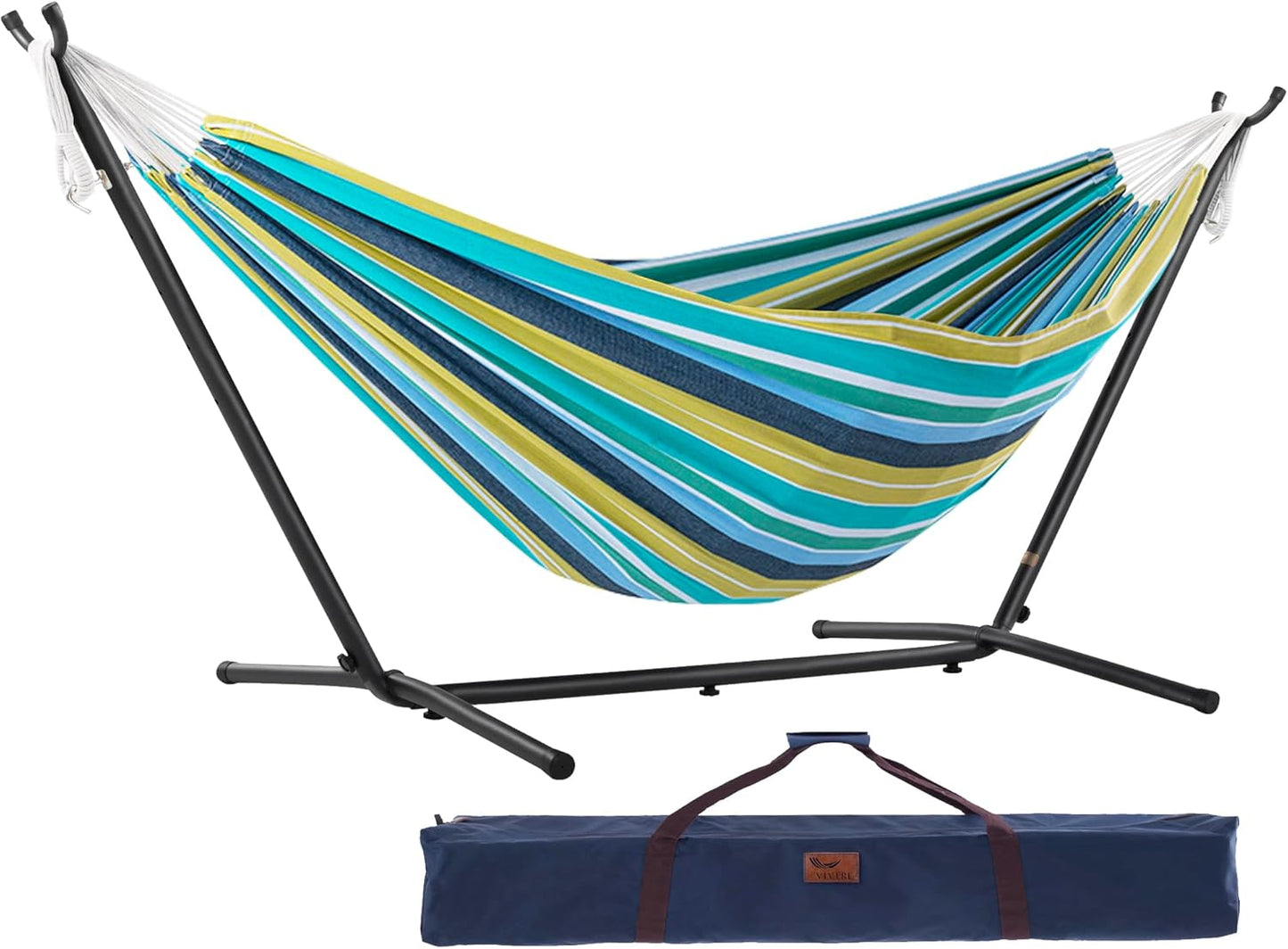 Vivere Double Cotton Hammock with Space Saving Steel Stand, Upgraded Polyester End Strings 450 lb Capacity - Premium Carry Bag Included - (Tropical)