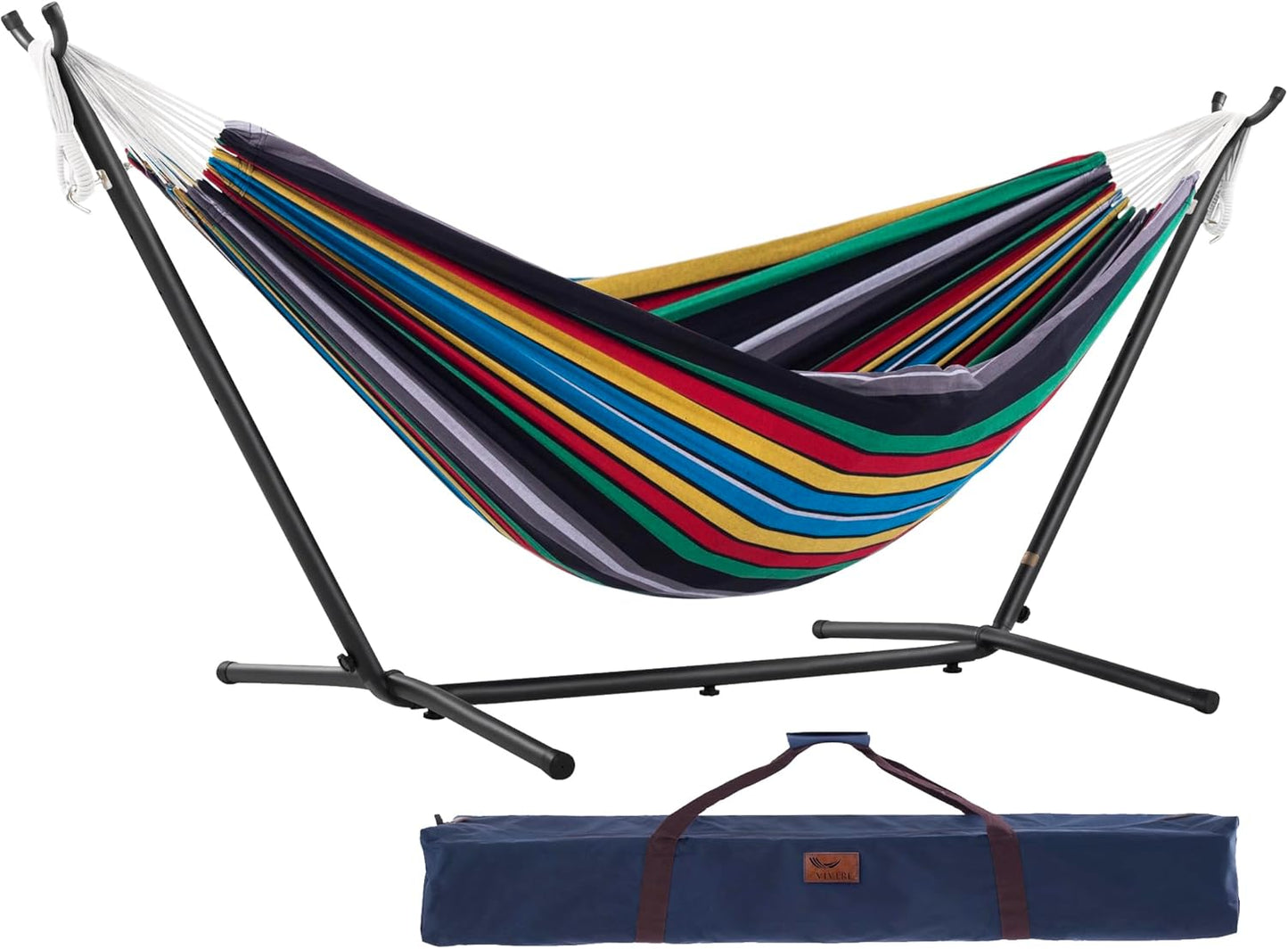 Vivere Double Cotton Hammock with Space Saving Steel Stand, Upgraded Polyester End Strings 450 lb Capacity - Premium Carry Bag Included - (Tropical)