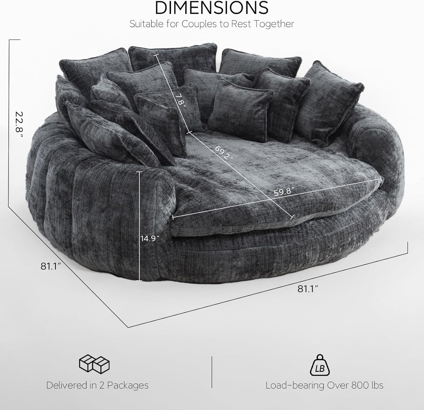 81'' Large Bean Bag Chair for Adults, Memory Foam Oversized Beanbag Chairs Couch with 14 Pillow, Comfy Giant Bean Bag Sofa Couch Bed, Chaise Lounge Chair Indoor Lazy Sofa for Living Room (Dark Grey)