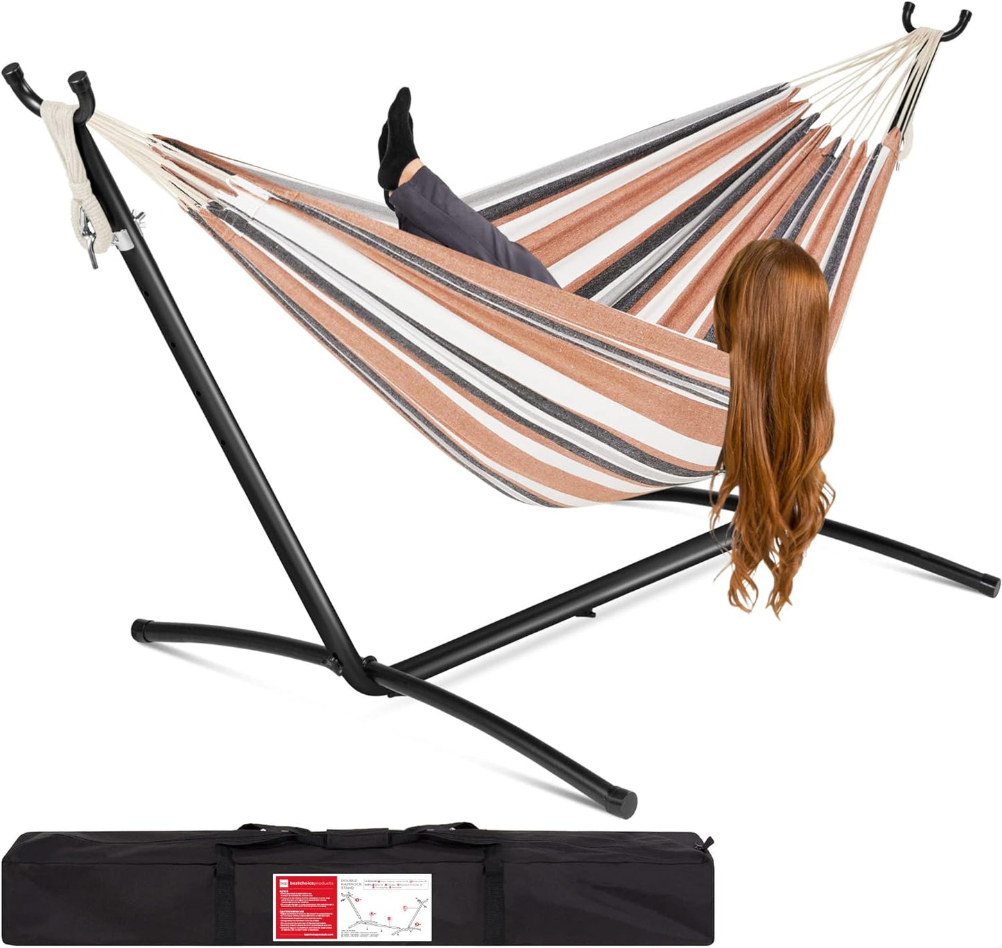 Best Choice Products Double Hammock with Steel Stand, Indoor Outdoor Brazilian-Style Cotton Bed w/Carrying Bag, 2-Person Capacity - Steel