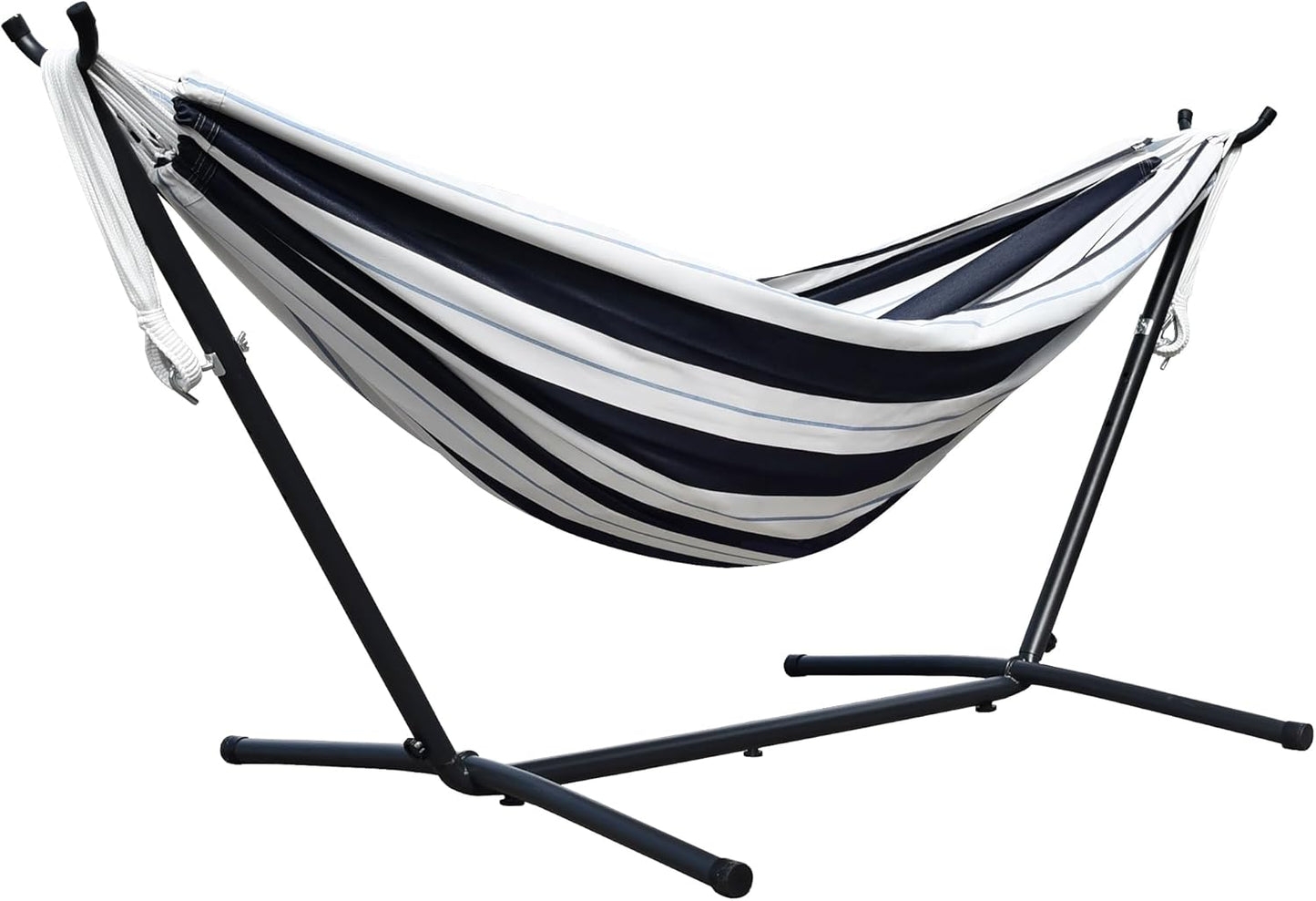 Vivere Double Cotton Hammock with Space Saving Steel Stand, Upgraded Polyester End Strings 450 lb Capacity - Premium Carry Bag Included - (Tropical)