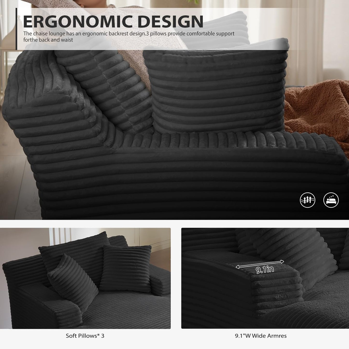 67 Inch Oversized Chaise Lounge Chair Indoor, Corduroy Upholstered Boneless Sofa Bed, Deep Seat Sleeper Couch Reading Chairs, Cloud Sofas Couches for Living Room, No Assembly Required (Black)