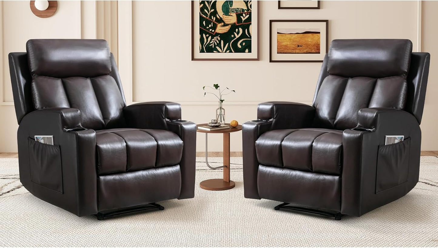 CANMOV Manual Recliner Chair with Massage and Heat,Soft Fabric Recliner Chair with Overstuffed Arm and Back, Manual Reclining Single Sofa with 2 Cup Holders, Side Pocket for Living Room,Dark Grey