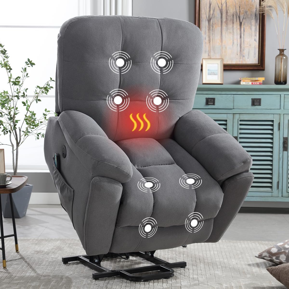 Power Lift Recliner Chair for Elderly with Vibration Massage and Lumbar Heating, Electric Lift Recliner Single Sofa with Side Pocket, Two Cup Holders and USB Charge Port for Living Room