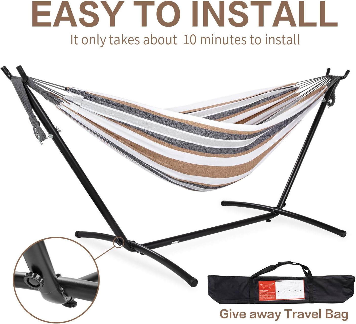 PNAEUT Double Hammocks with Stand for Outside, Portable Space Saving Heavy-Duty Steel Stand for Indoor Outdoor Patio with Carrying Bag, 450 lbs Capacity (Coffee)