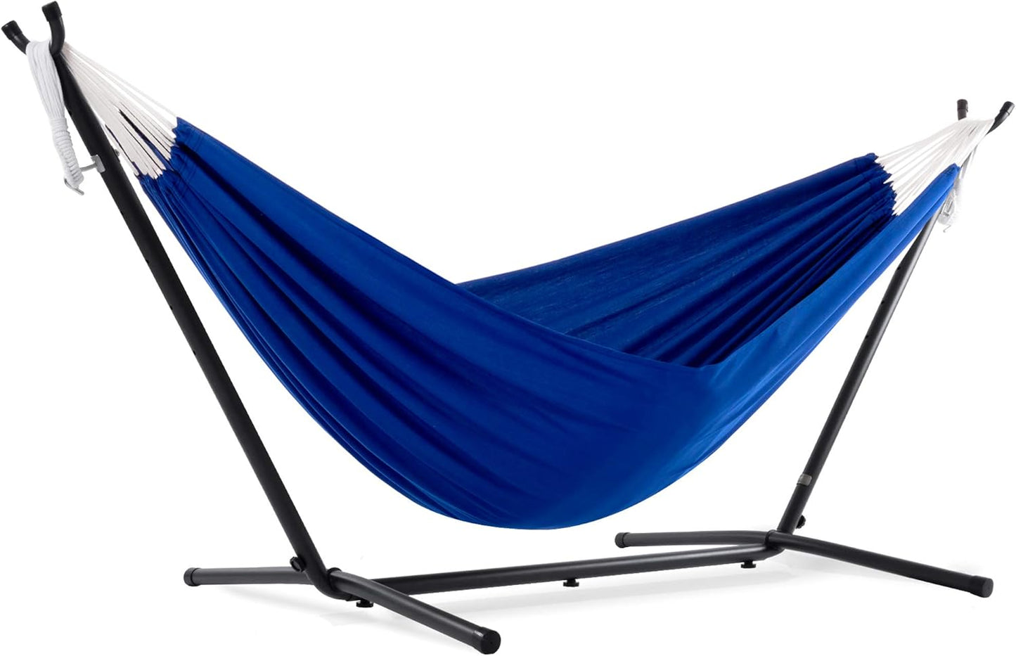 Vivere Double Cotton Hammock with Space Saving Steel Stand, Upgraded Polyester End Strings 450 lb Capacity - Premium Carry Bag Included - (Tropical)