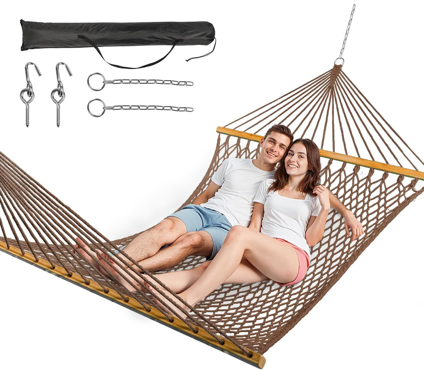 Double Hammock for 2 Person, Handwoven Rope Hammock with Spreader Bar Without Stand - Indoor & Outdoor Use for Patio, Poolside, Backyard (White)