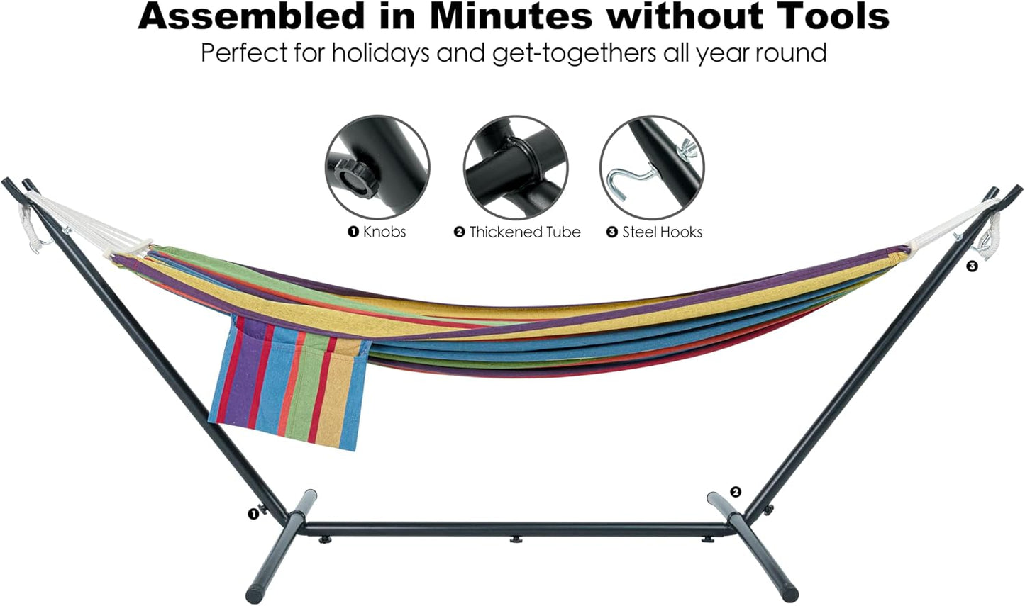 Double Hammock with Stand for Outside, Upgraded Spreader Bar, Heavy Duty Space Saving Steel Stand 2 Person, Side Pockets, Easy Assembly, 600lbs Weight Capacity, Indoor & Outdoor (Classic Red)