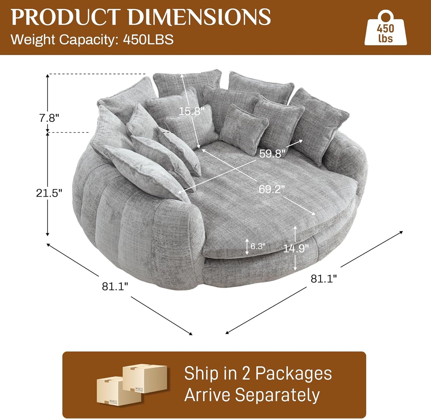 81” Oversized Upholstered Sofa Bed, Round Chaise Lounge Chair Indoor, Fluffy Plush Chaise Lounge, Modern Chenille Cloud Couch with Deep Seat, Comfy Bean Bag Chiar for Living Room Apartment, Light Grey