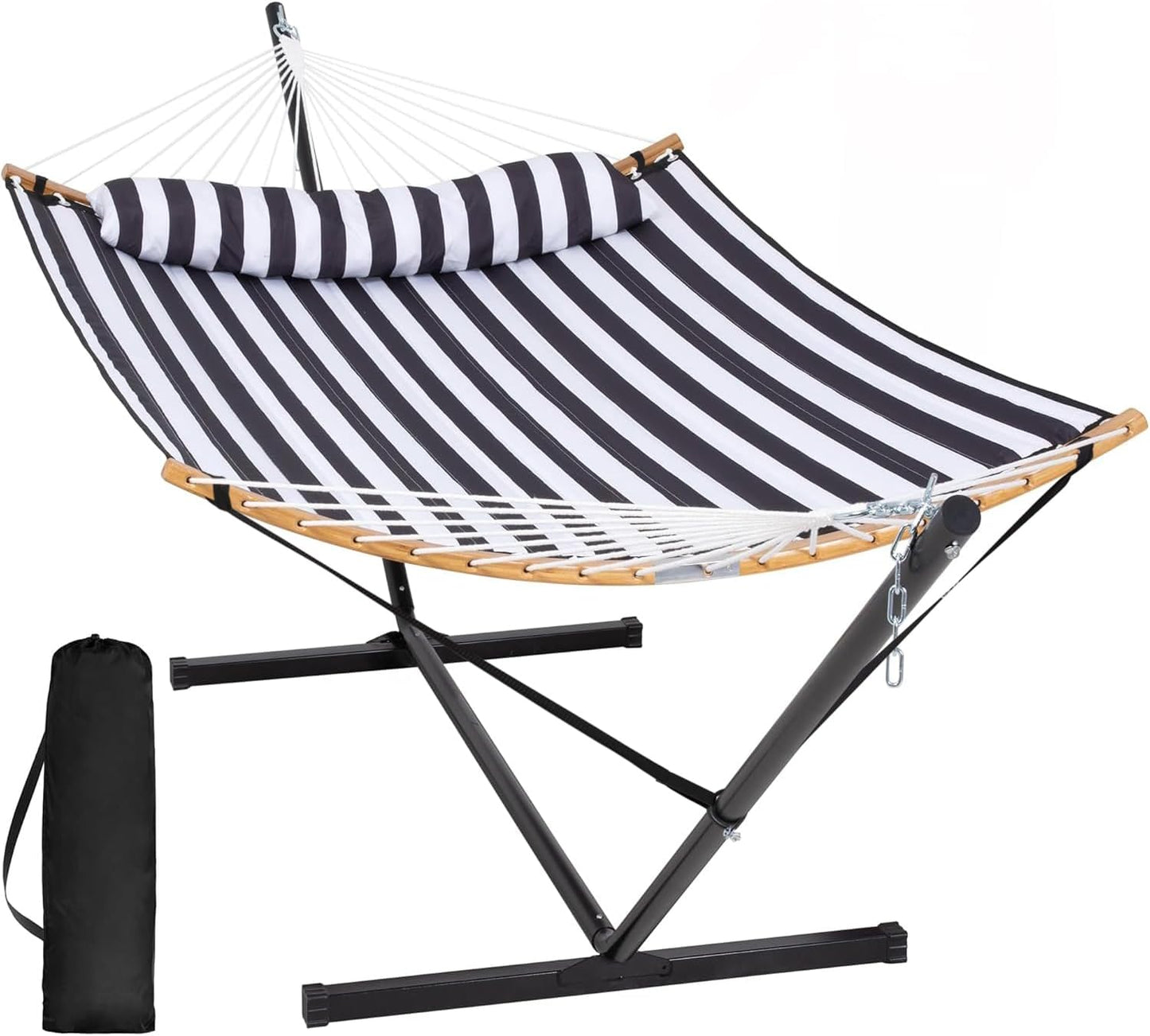 SUNCREAT Double Portable Hammock with Stand, 2 Person Hammock with Curved Spreader Bar, Balance Ropes Included, Dark Gray