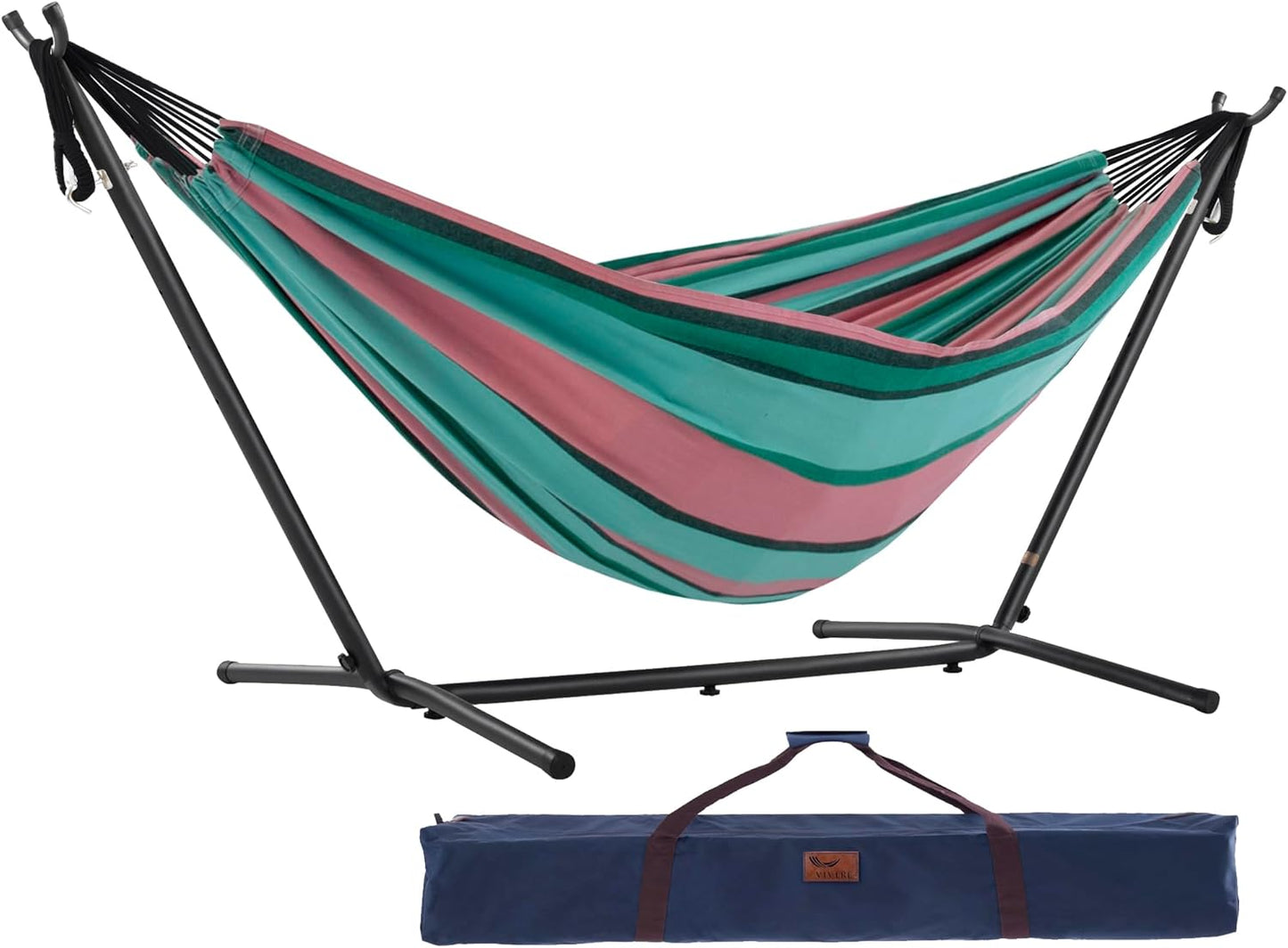 Vivere Double Cotton Hammock with Space Saving Steel Stand, Upgraded Polyester End Strings 450 lb Capacity - Premium Carry Bag Included - (Tropical)