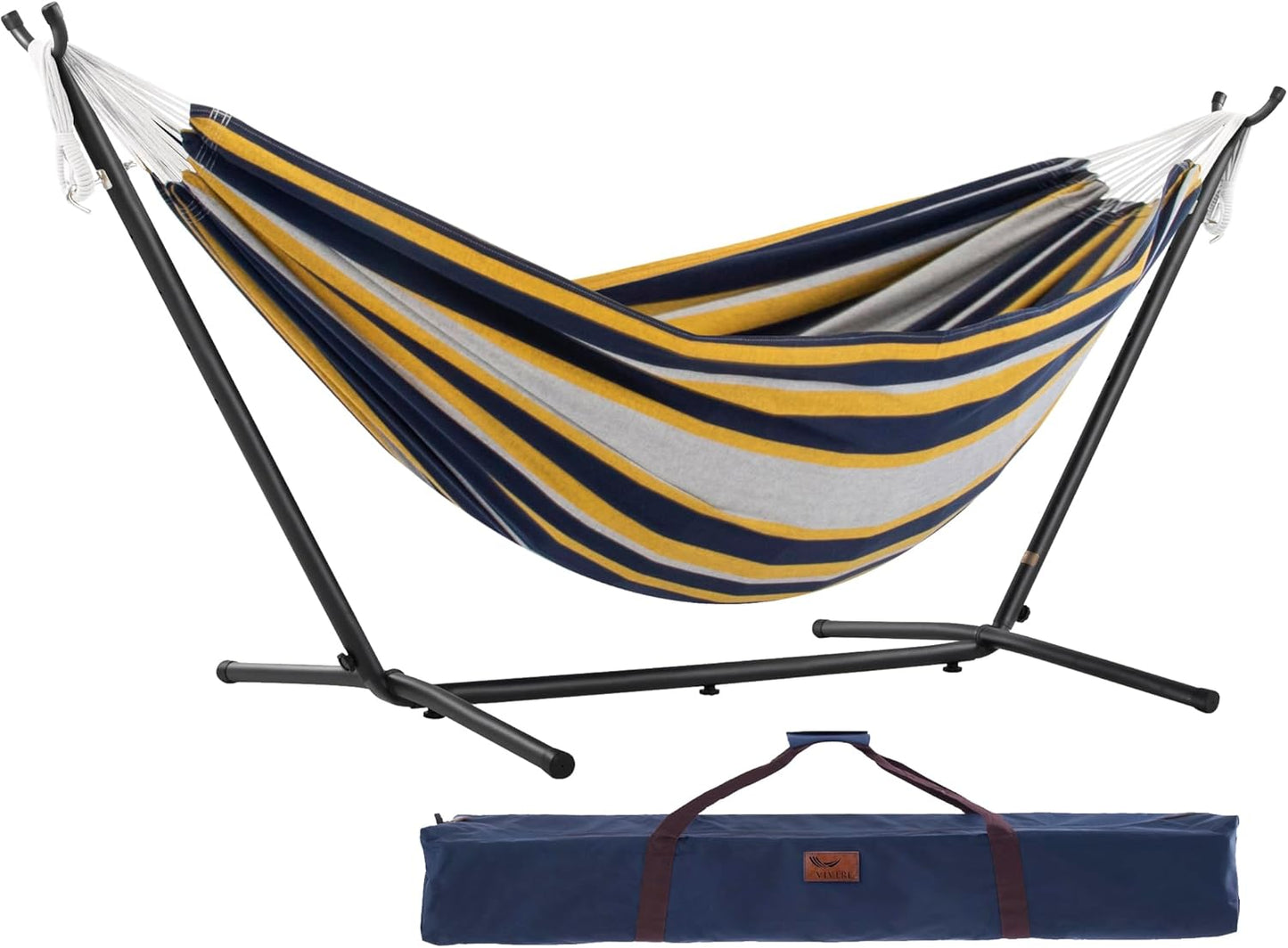 Vivere Double Cotton Hammock with Space Saving Steel Stand, Upgraded Polyester End Strings 450 lb Capacity - Premium Carry Bag Included - (Tropical)