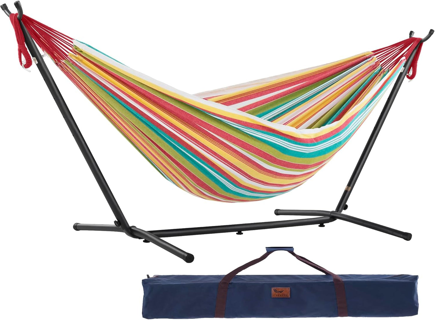 Vivere Double Cotton Hammock with Space Saving Steel Stand, Upgraded Polyester End Strings 450 lb Capacity - Premium Carry Bag Included - (Tropical)