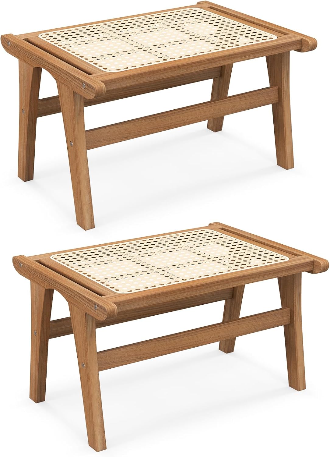 Tangkula Ottoman Footstool, Natural Teak Wooden Foot Rest with Handwoven Rattan for Living Room Bedroom Office, 14" H, Indoor (1)