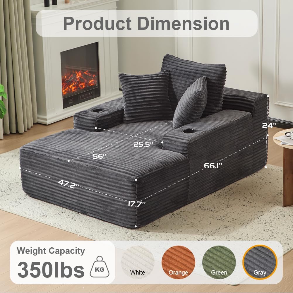 66" Oversized Chaise Lounge Sofa Chair Indoor, Modern Corduroy Single Sleeper Couch Chair with 3 Soft Pillows＆Cup Holder, Boneless Cloud Couch Single Seat Sofa Bed for Living Room Office (Dark Grey)