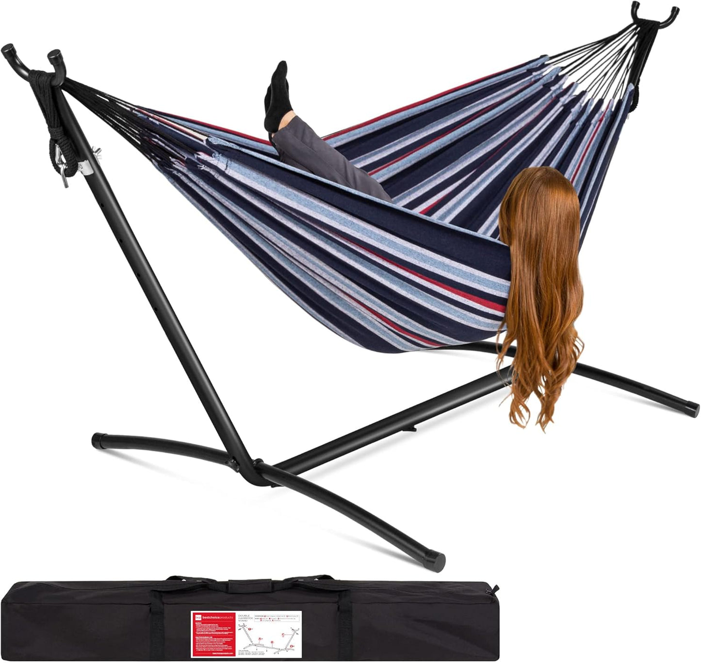 Best Choice Products Double Hammock with Steel Stand, Indoor Outdoor Brazilian-Style Cotton Bed w/Carrying Bag, 2-Person Capacity - Steel