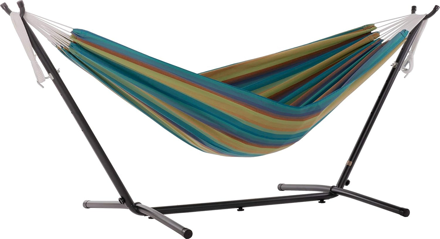 Vivere Double Cotton Hammock with Space Saving Steel Stand, Upgraded Polyester End Strings 450 lb Capacity - Premium Carry Bag Included - (Tropical)