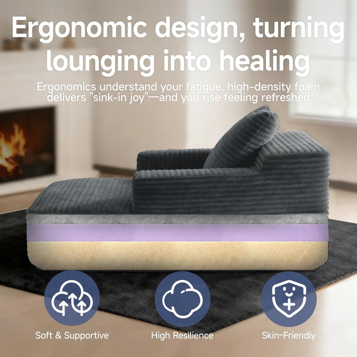 45'' Chaise Lounge Chair Indoor, Corduroy Upholstered Boneless Sofa Bed, Deep Seat Sleeper Couch Reading Chairs, Small Comfy Cloud Sofas Couches for Living Room, Bedroom, Movie Room (Dark Grey)