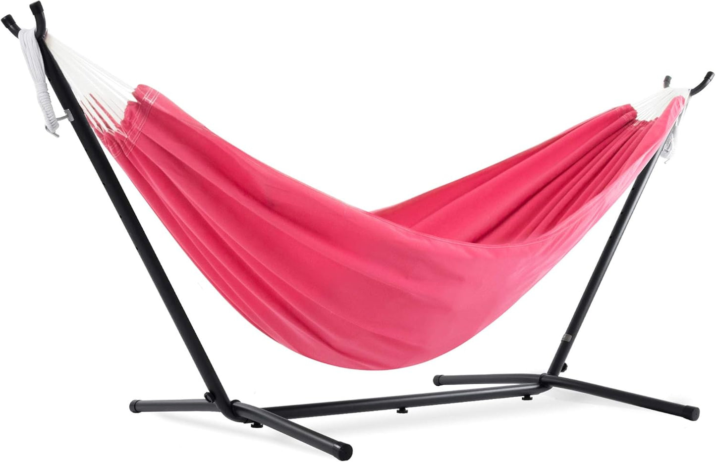 Vivere Double Cotton Hammock with Space Saving Steel Stand, Upgraded Polyester End Strings 450 lb Capacity - Premium Carry Bag Included - (Tropical)